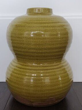 Modern Double Gourd Pottery Vase w/ Crazed Effect in Two Tone Olive Green